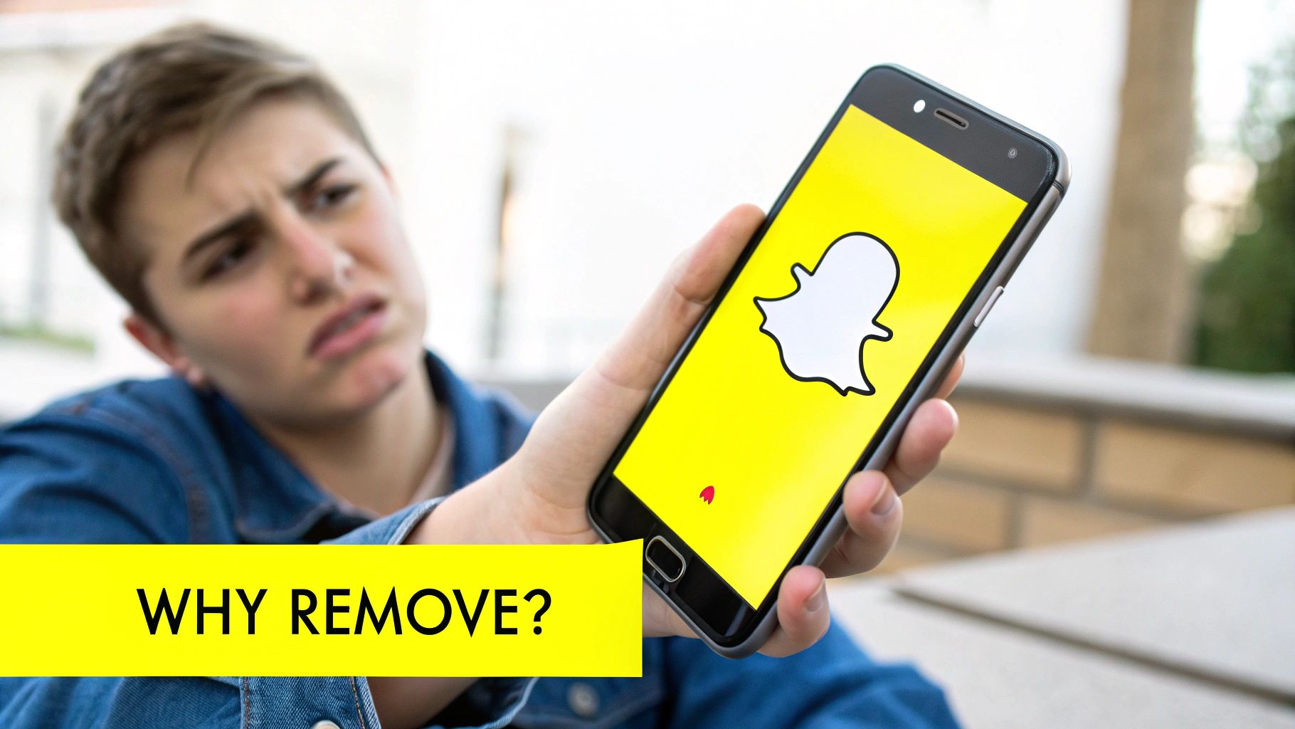 A person’s hands holding a smartphone with an image that has a Snapchat caption, illustrating the concept of a 'flattened' image.