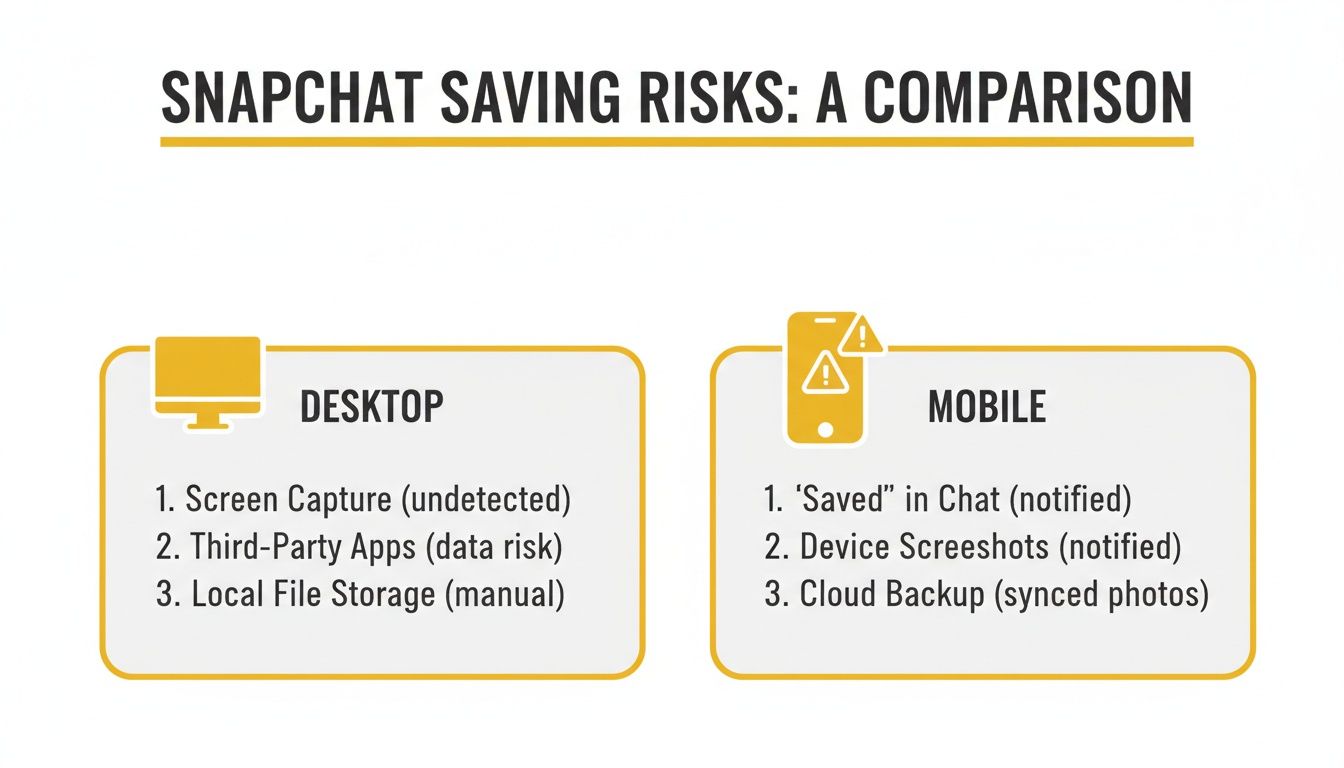 Infographic comparing Snapchat saving risks for desktop (undetected) and mobile (notified screenshots and saves).