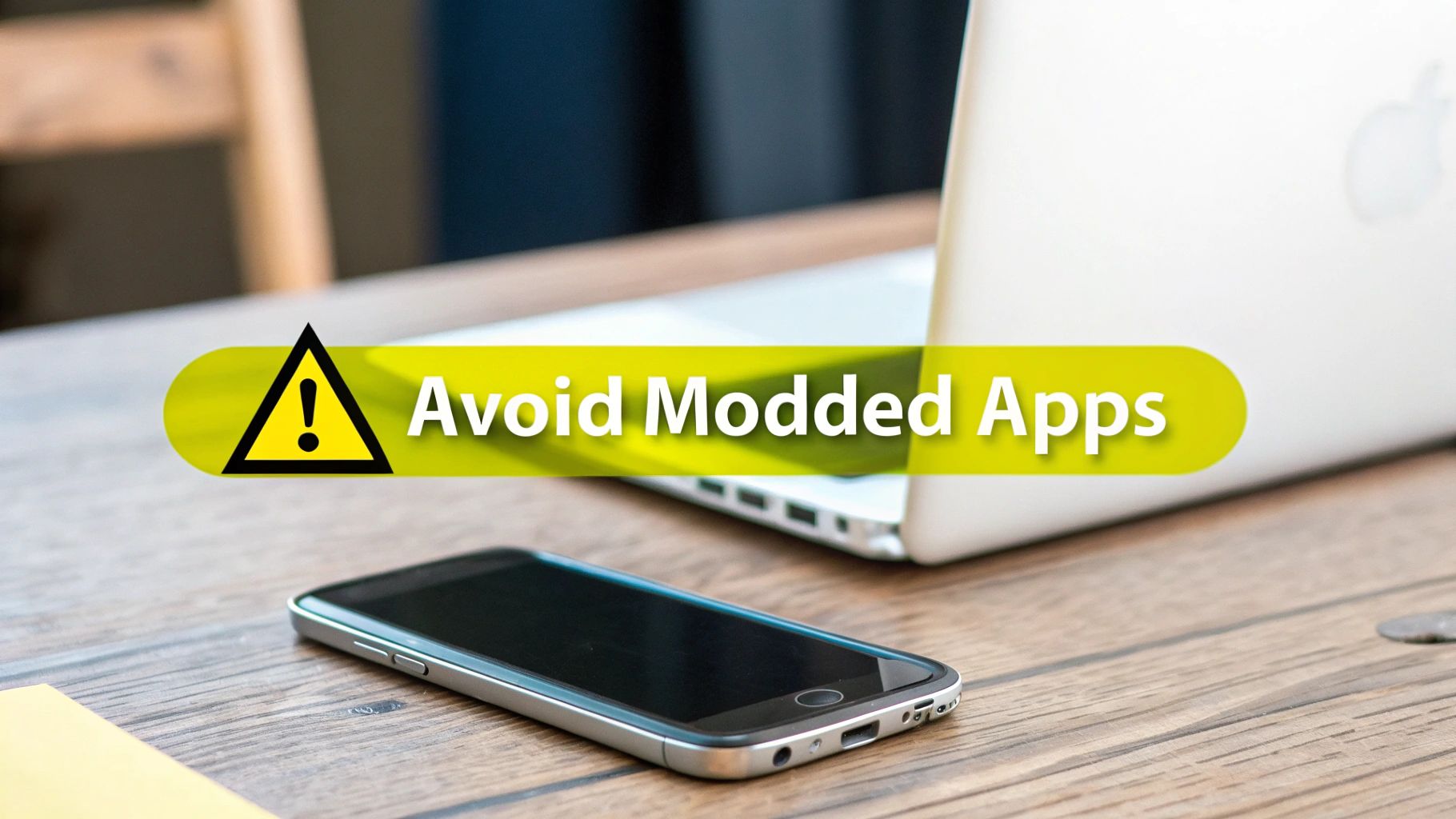 A warning banner 'Avoid Modded Apps' with an exclamation mark, a phone, and a laptop.