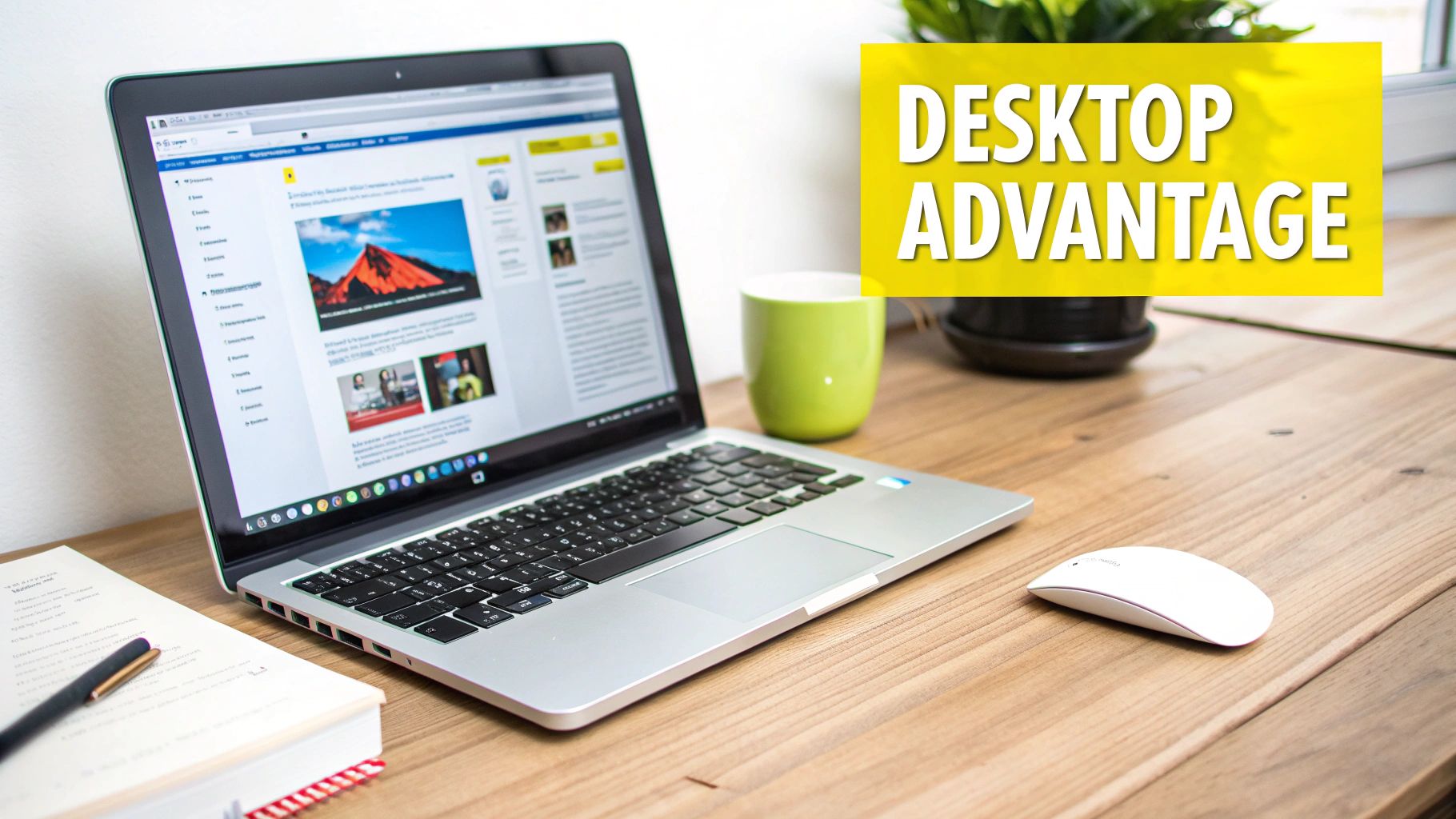 A modern laptop displaying a website on a wooden desk with a green mug, white mouse, and book.