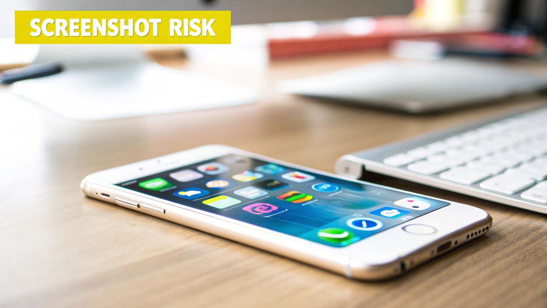 A white iPhone with app icons lies on a wooden desk, displaying a 'SCREENSHOT RISK' banner.