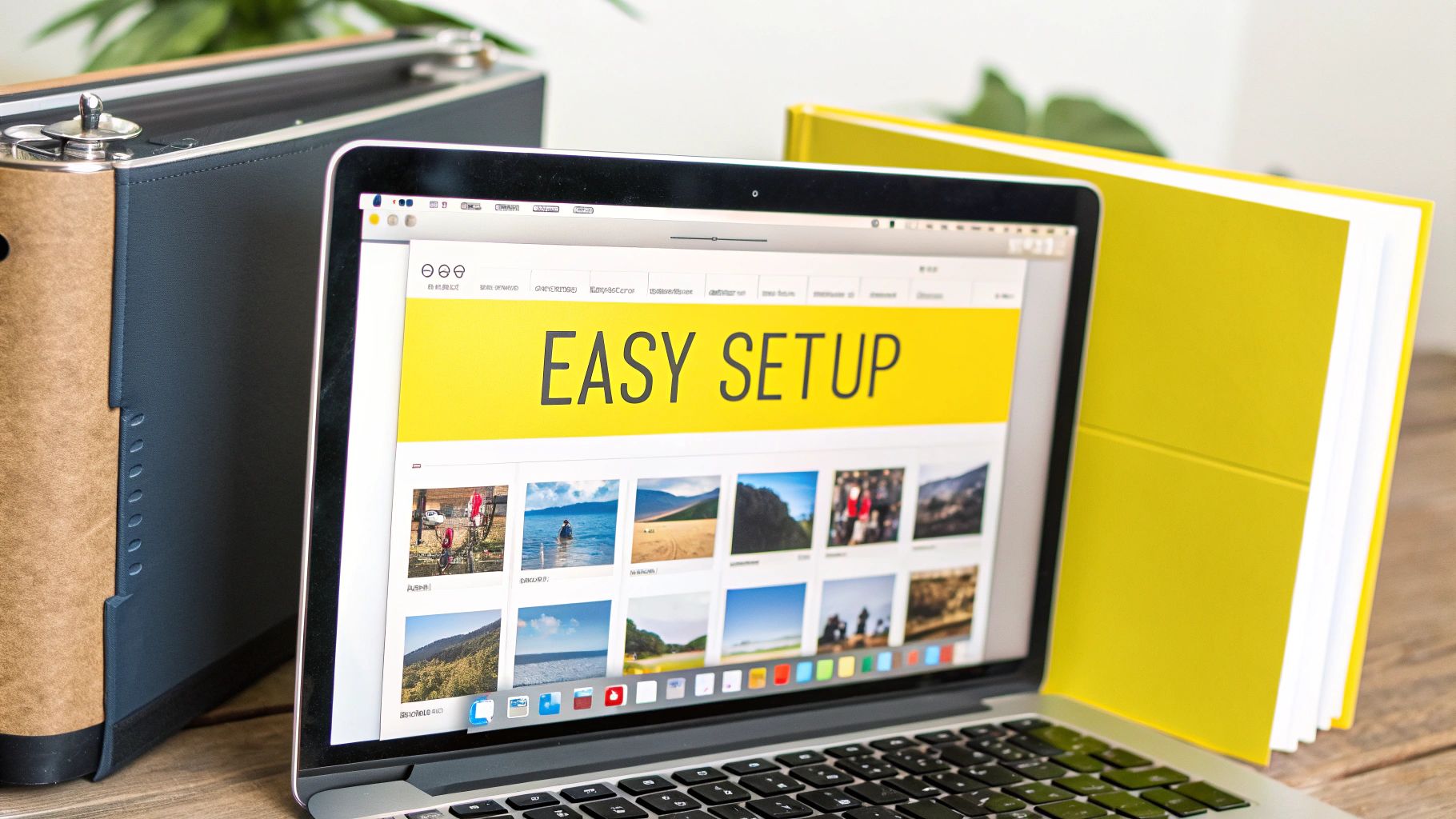 A laptop displaying "EASY SETUP" and image thumbnails, with a binder and a yellow book on a desk.