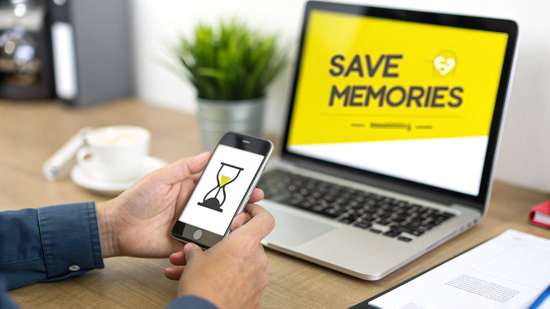 A person holds a smartphone displaying an hourglass icon, next to a laptop screen showing 'SAVE MEMORIES'.