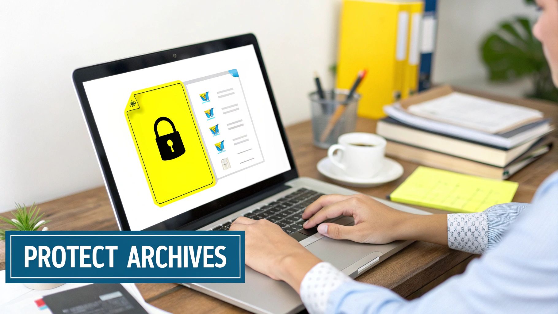 A person working on a laptop with a secure document icon on screen and a 'PROTECT ARCHIVES' banner.