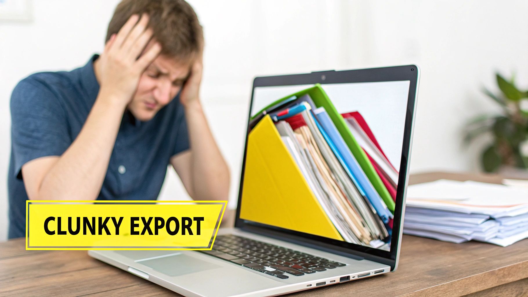 A frustrated man holds his head, looking at a laptop displaying files with a 'CLUNKY EXPORT' banner.