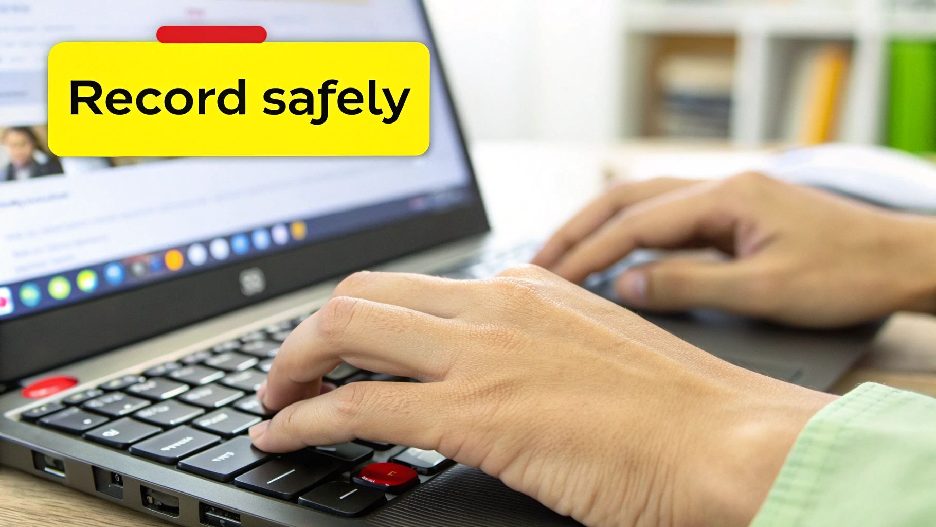 A person is typing on a laptop with the phrase 'Record safely' displayed on the screen.