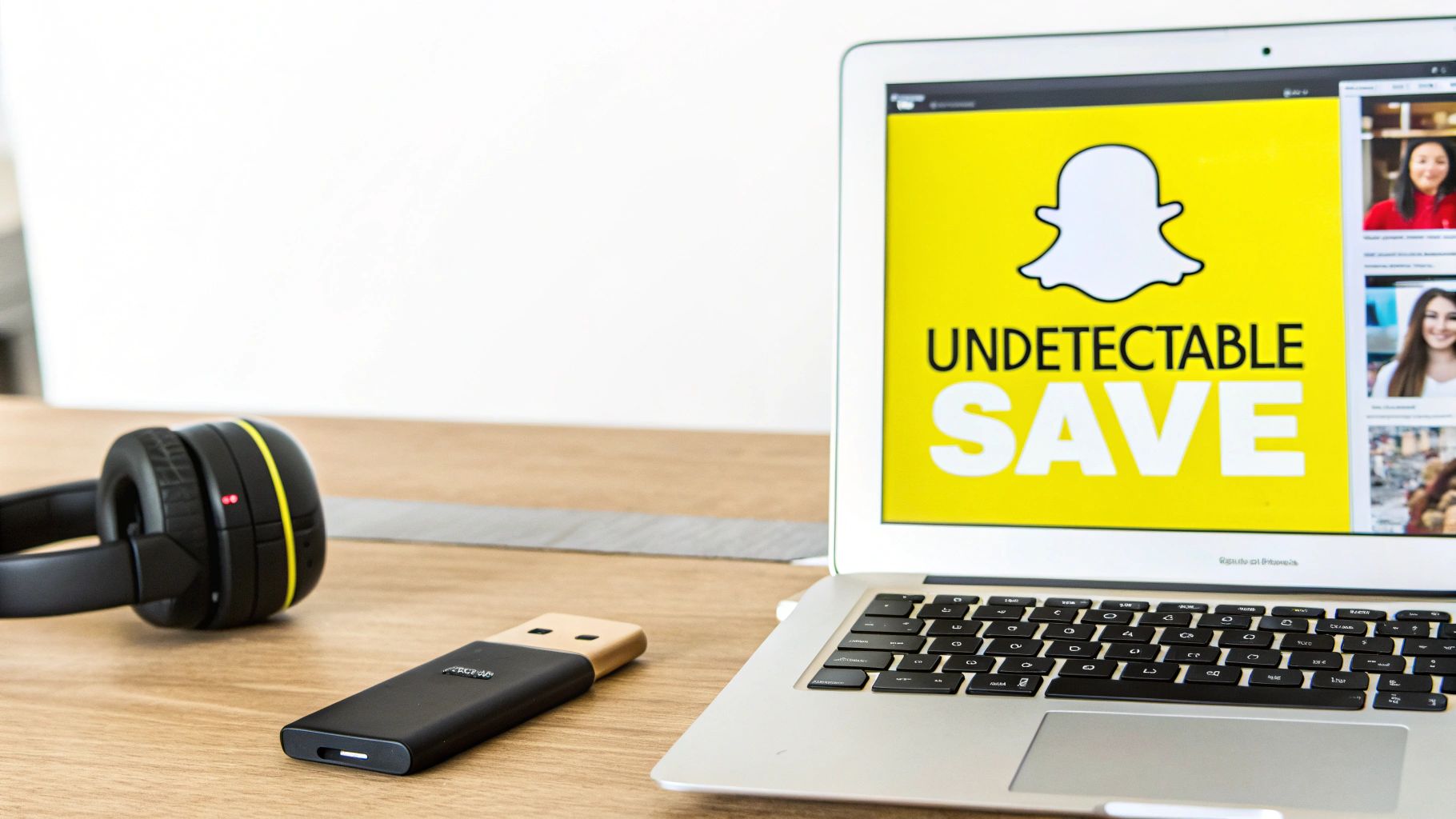 A laptop screen displays the Snapchat ghost logo with 'UNDETECTABLE SAVE' text, alongside headphones and a USB stick on a wooden desk.