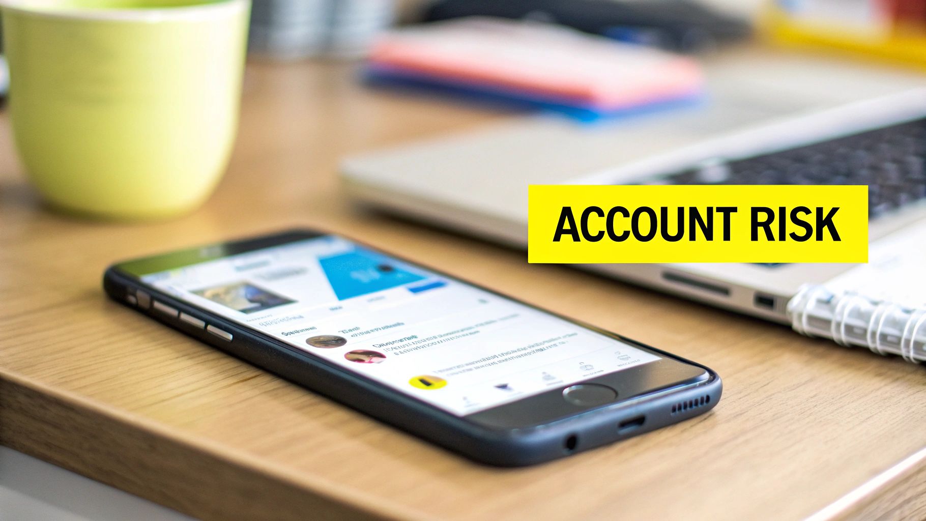 A smartphone on a wooden desk with a yellow mug and laptop, showing an 'ACCOUNT RISK' banner.