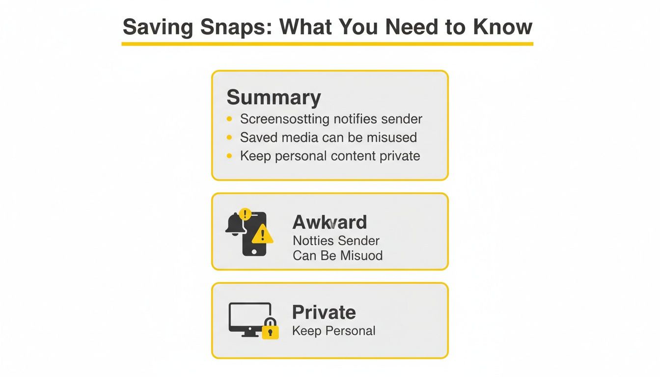 Infographic outlining tips for saving Snaps, emphasizing sender notification, misuse risks, and privacy.