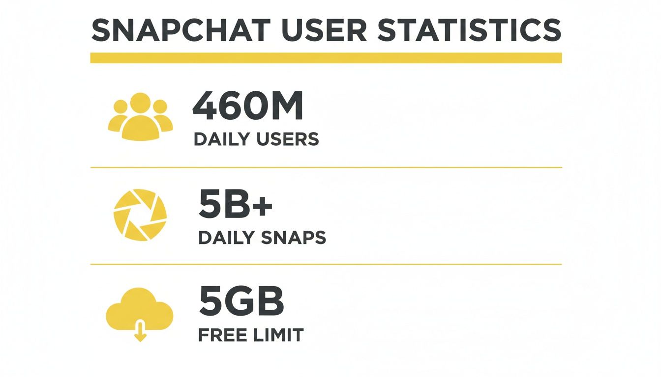 Snapchat user statistics infographic displaying 460M daily users, 5B+ daily snaps, and a 5GB free limit.