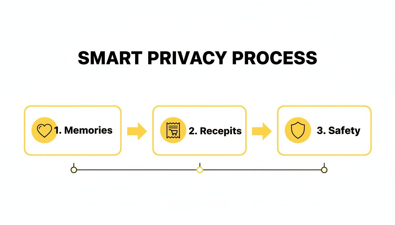 Diagram illustrating a 'Smart Privacy Process' with three sequential steps: Memories, Receipts, and Safety.