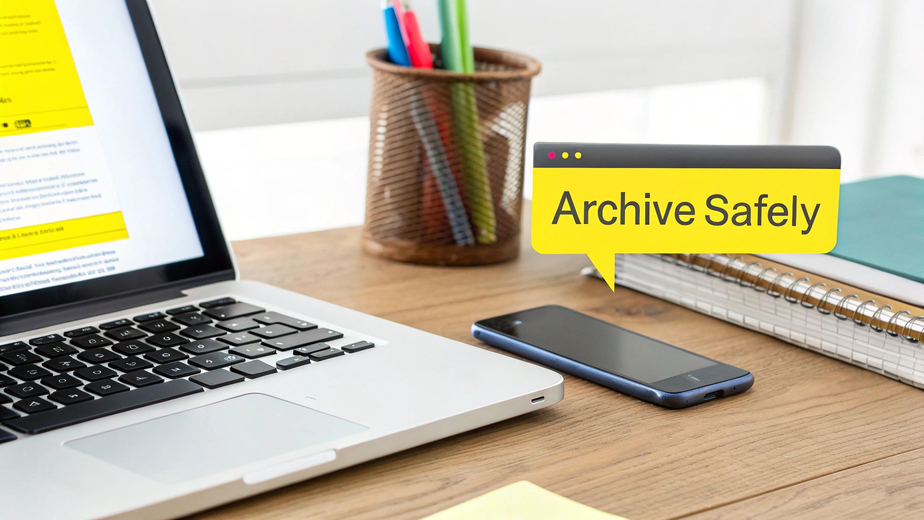 A laptop, smartphone, and office supplies on a wooden desk with a speech bubble saying 'Archive Safely'.