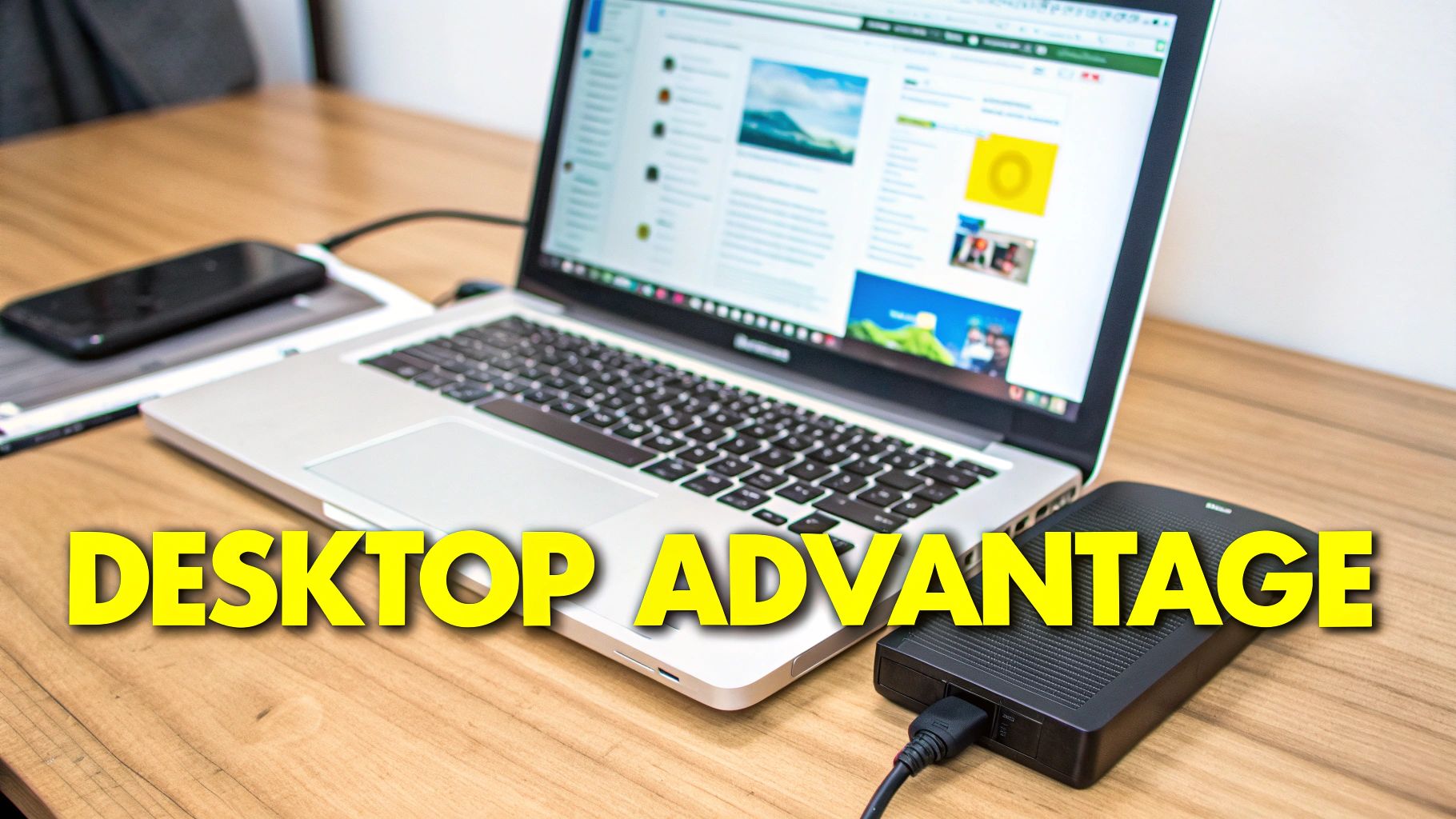 A laptop with a website, a smartphone, and an external hard drive on a wooden desk.