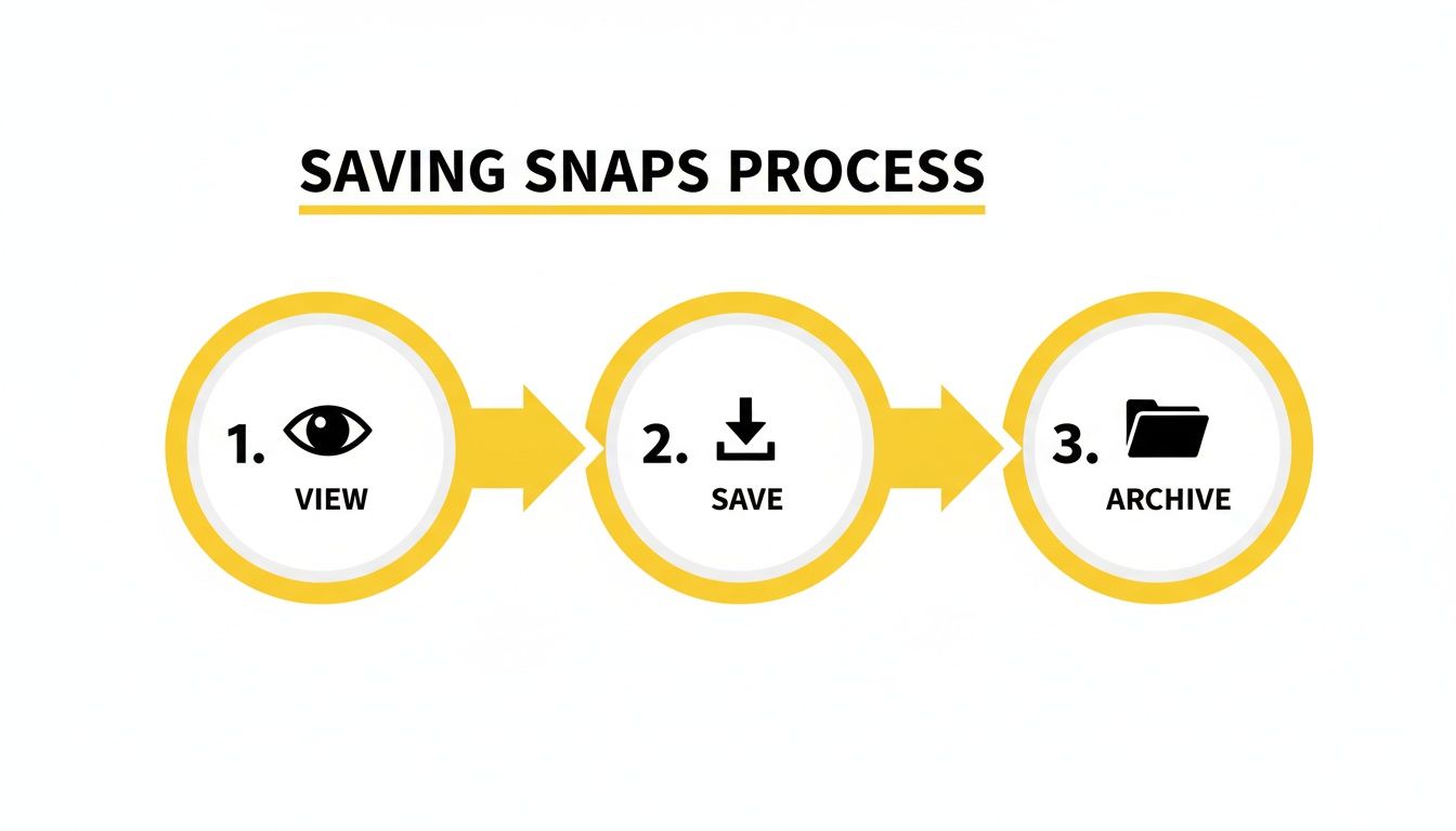 A yellow and white diagram illustrating the three steps of the saving snaps process: view, save, and archive.