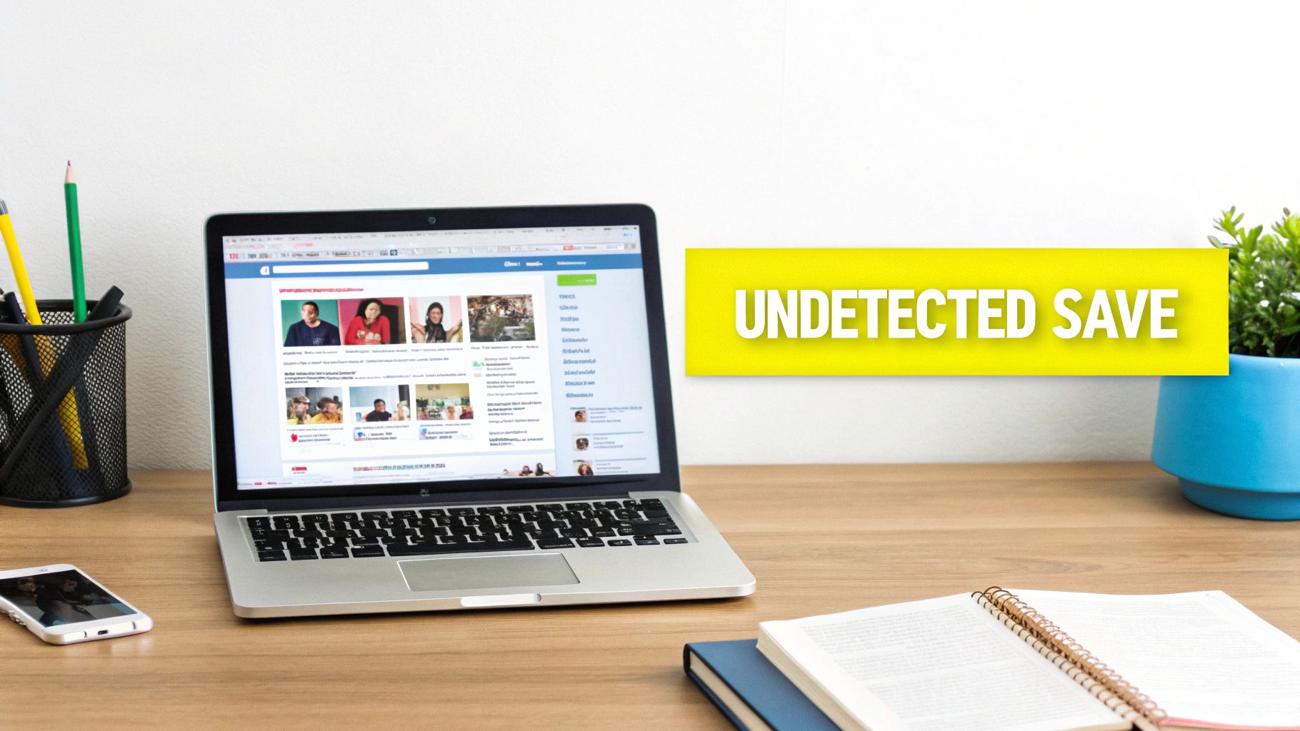 A desk with a laptop displaying social media, a phone, pens, and a plant, with a 'UNDETECTED SAVE' banner.