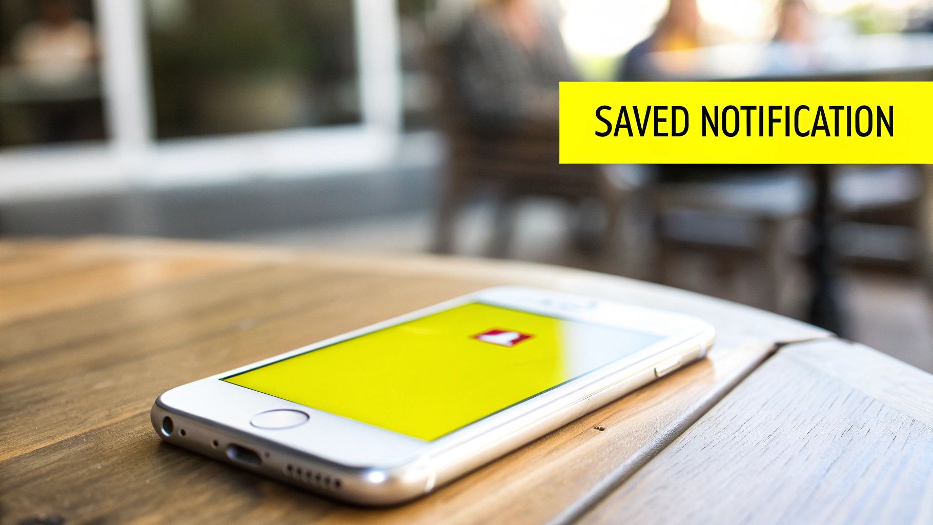 A white smartphone displaying the Snapchat app on a wooden table, with a 'SAVED NOTIFICATION' bar.