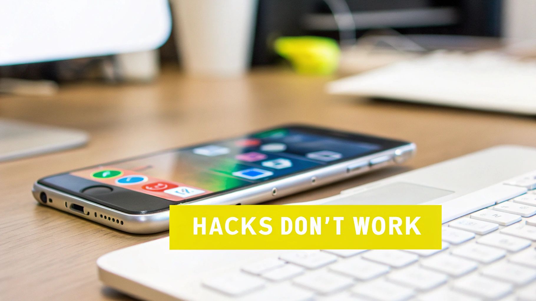 A silver smartphone with app icons on its screen lies on a wooden desk next to a white laptop keyboard.