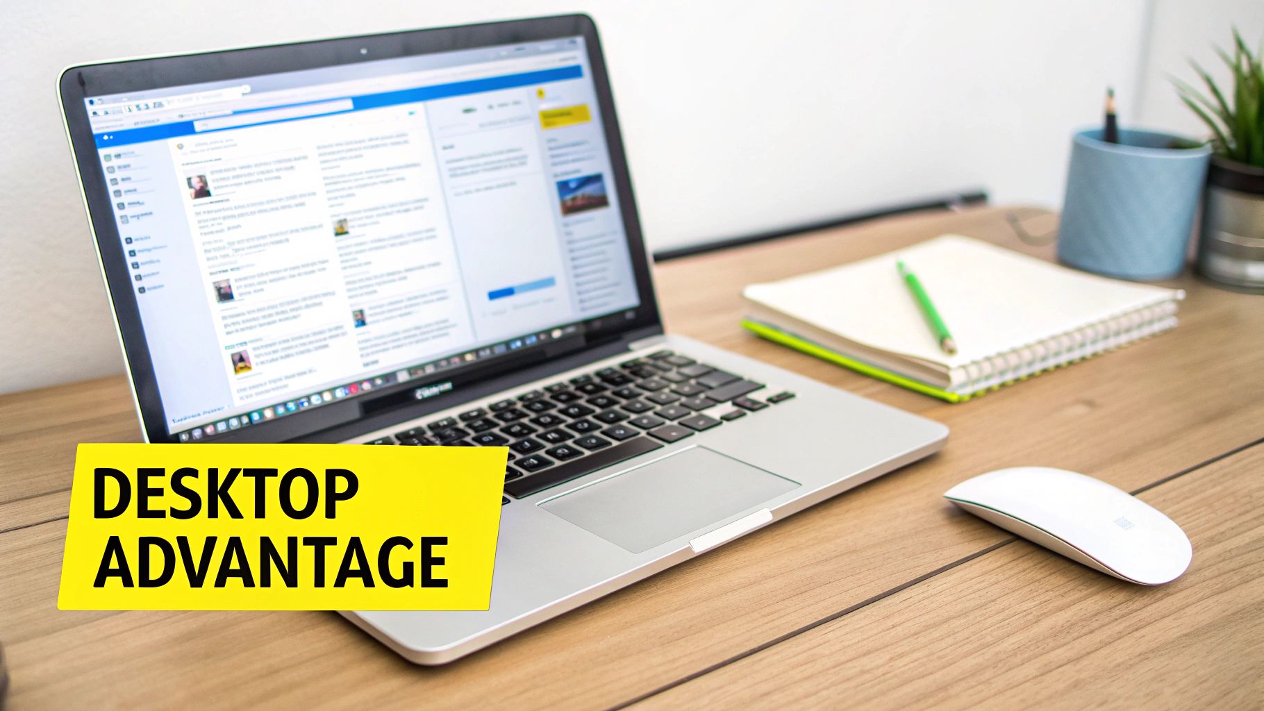 A tidy wooden desk with an open laptop showing a social media feed, a mouse, and a notebook.
