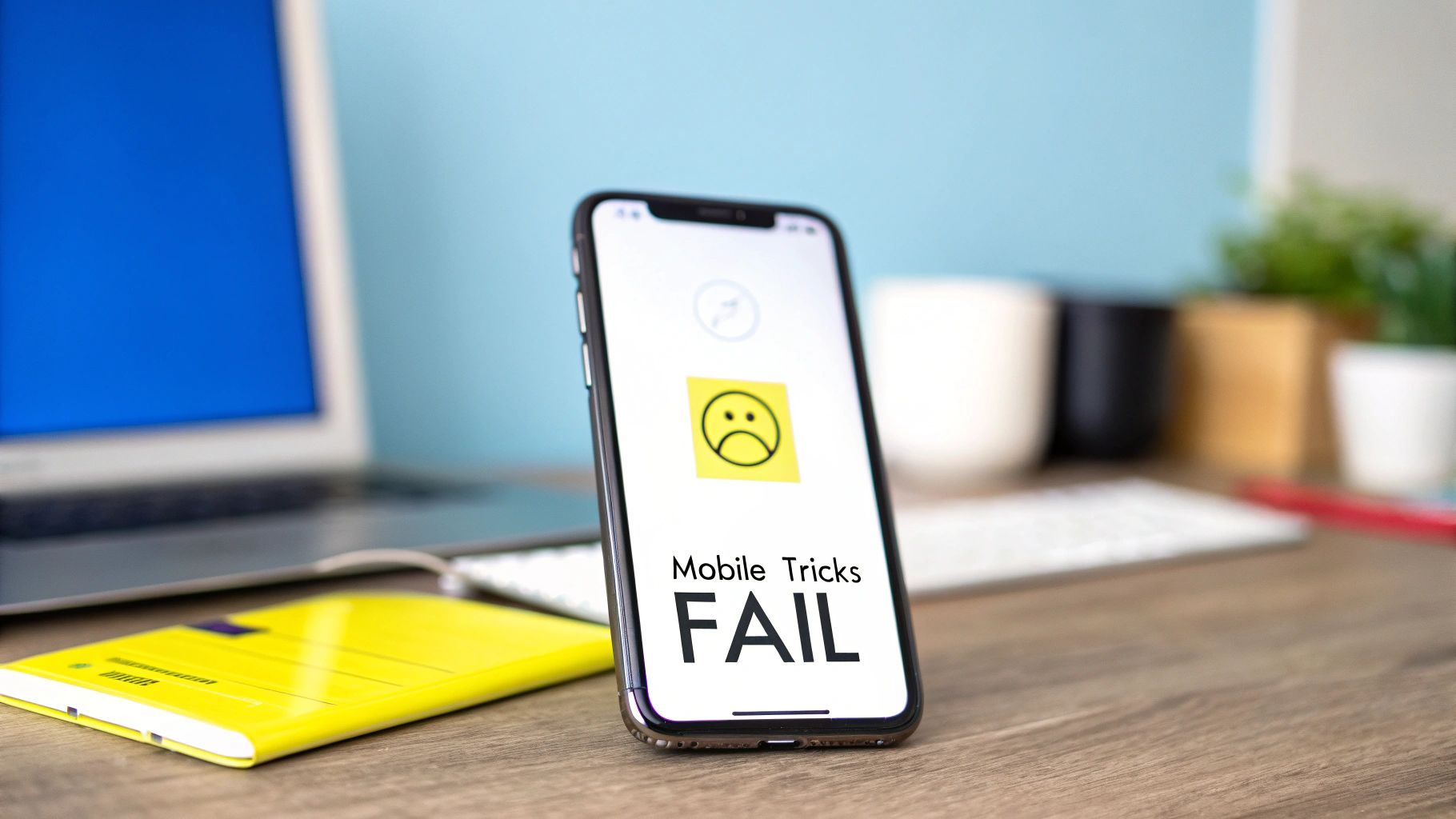 A smartphone on a desk displays a sad emoji and "Mobile Tricks FAIL" text, next to a laptop and notebook.