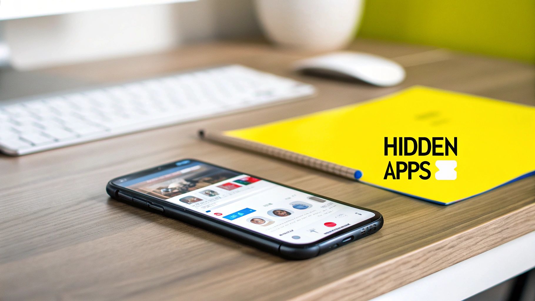 Smartphone on a wooden desk with a keyboard, mouse, and a yellow notepad displaying 'HIDDEN APPS'.