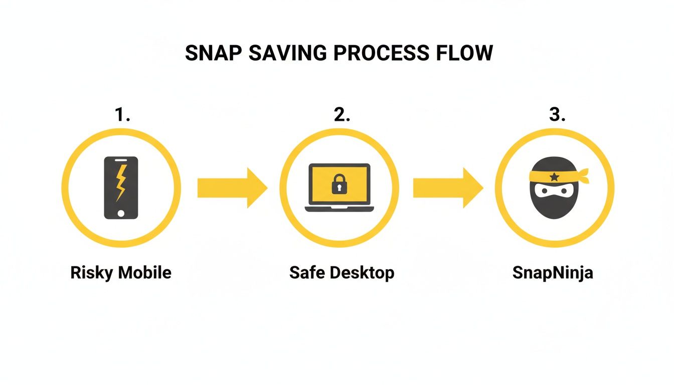 A diagram illustrating the three-step 'Snap Saving Process Flow' from risky mobile to safe desktop and SnapNinja.