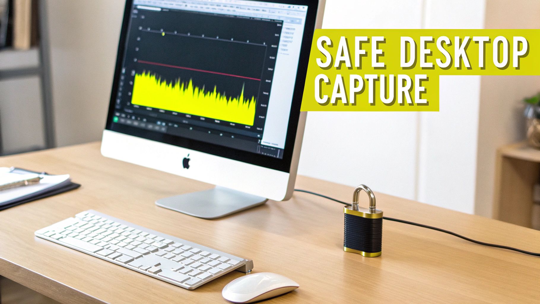 A desktop computer displays a graph, with a keyboard, mouse, and a padlock on a wooden desk, emphasizing safe desktop capture.