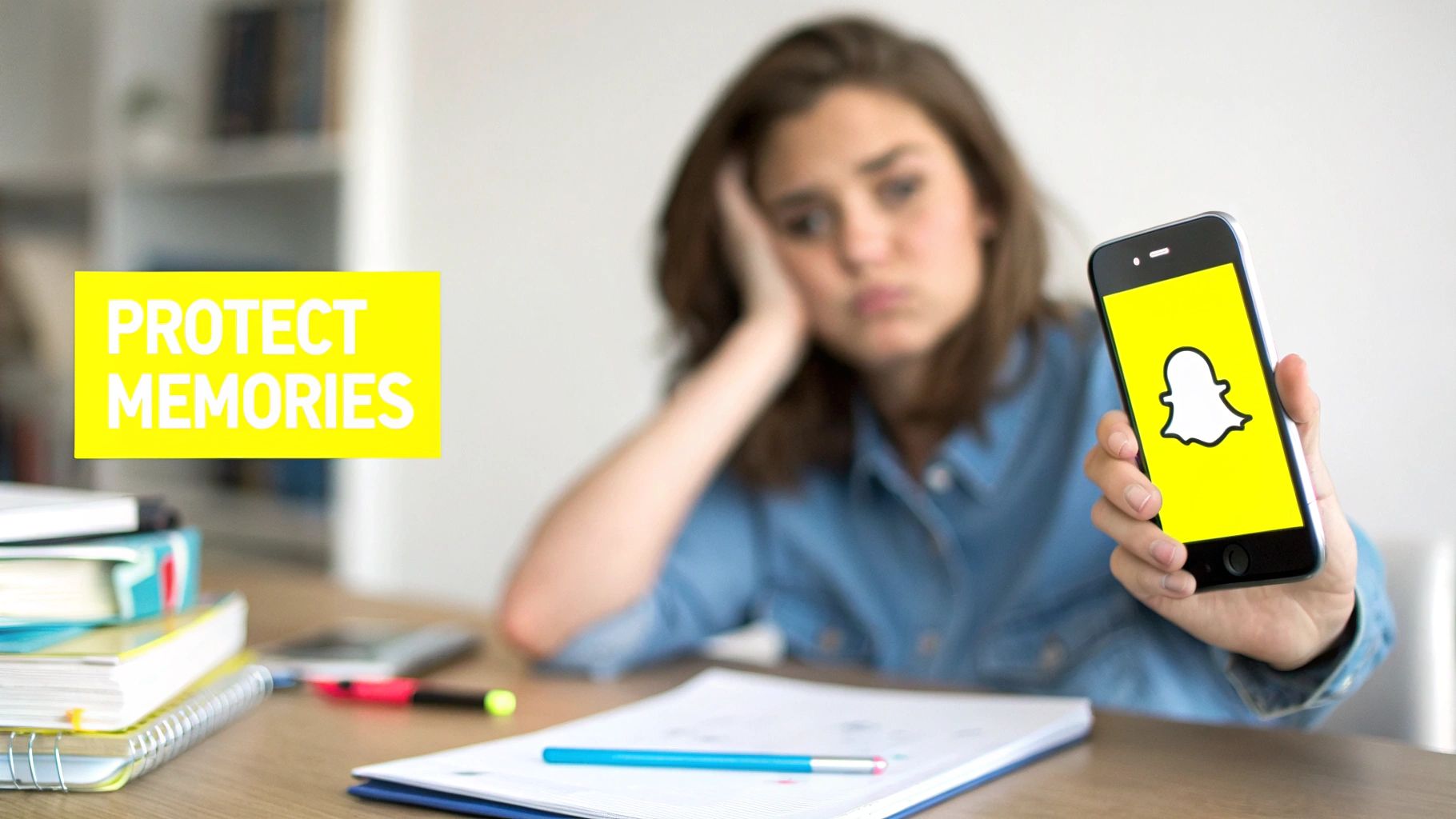 A bored student holds a phone with the Snapchat logo, next to a 'PROTECT MEMORIES' sign and school supplies.