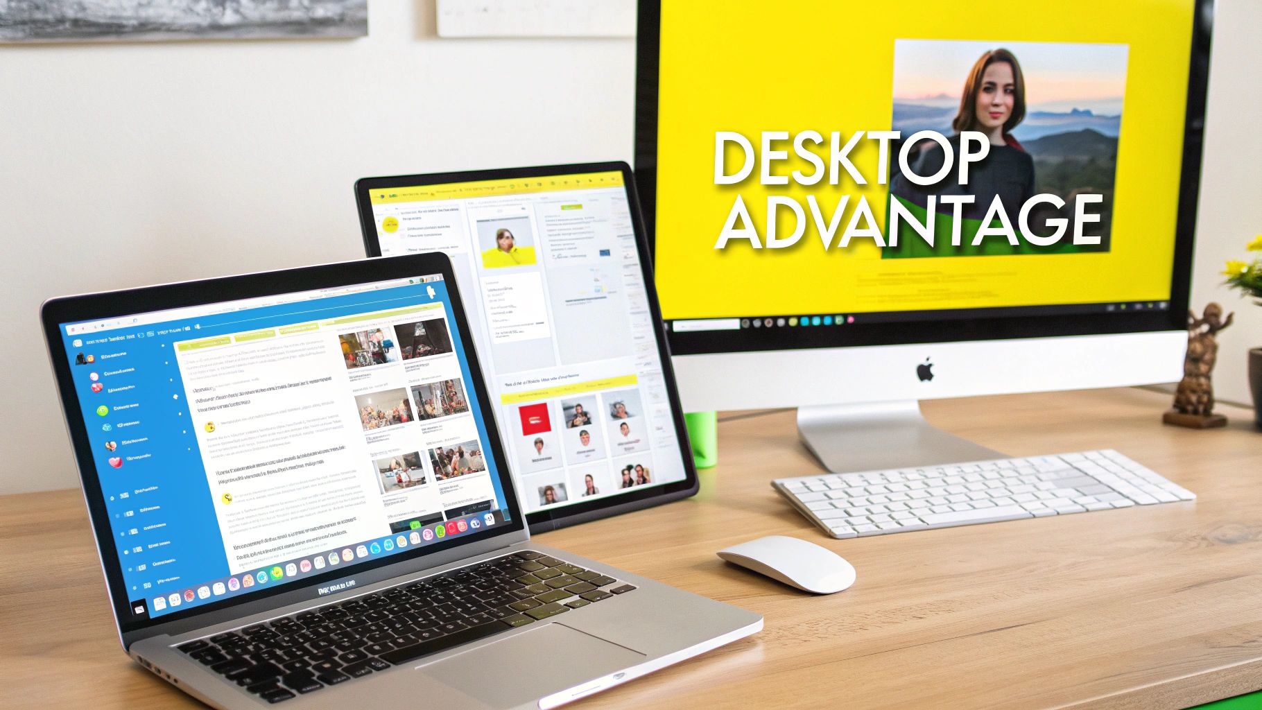 A modern desk setup with a laptop, tablet, and iMac displaying various digital interfaces.