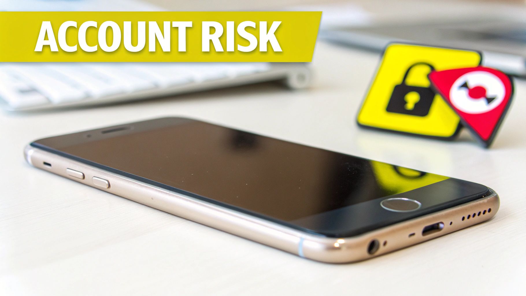 A smartphone on a desk with a keyboard, security lock, and risk icon, highlighting 'ACCOUNT RISK'.
