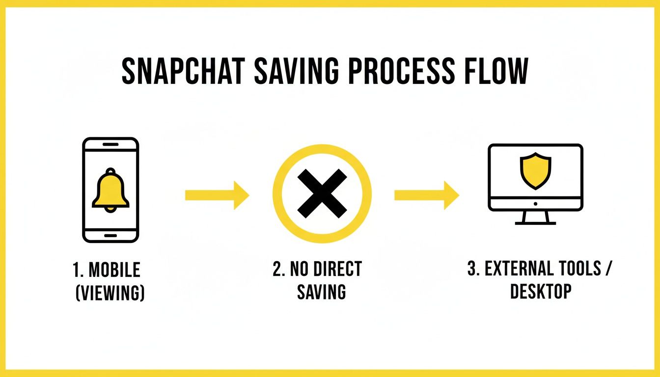 A flow chart illustrating Snapchat saving process: mobile viewing, no direct saving, requires external tools or desktop.