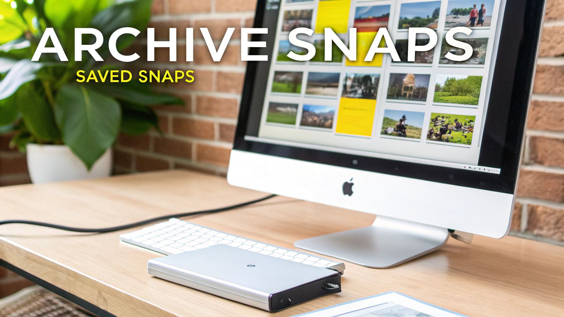 A wooden desk with an Apple iMac displaying archived photos, an external hard drive, and a keyboard.