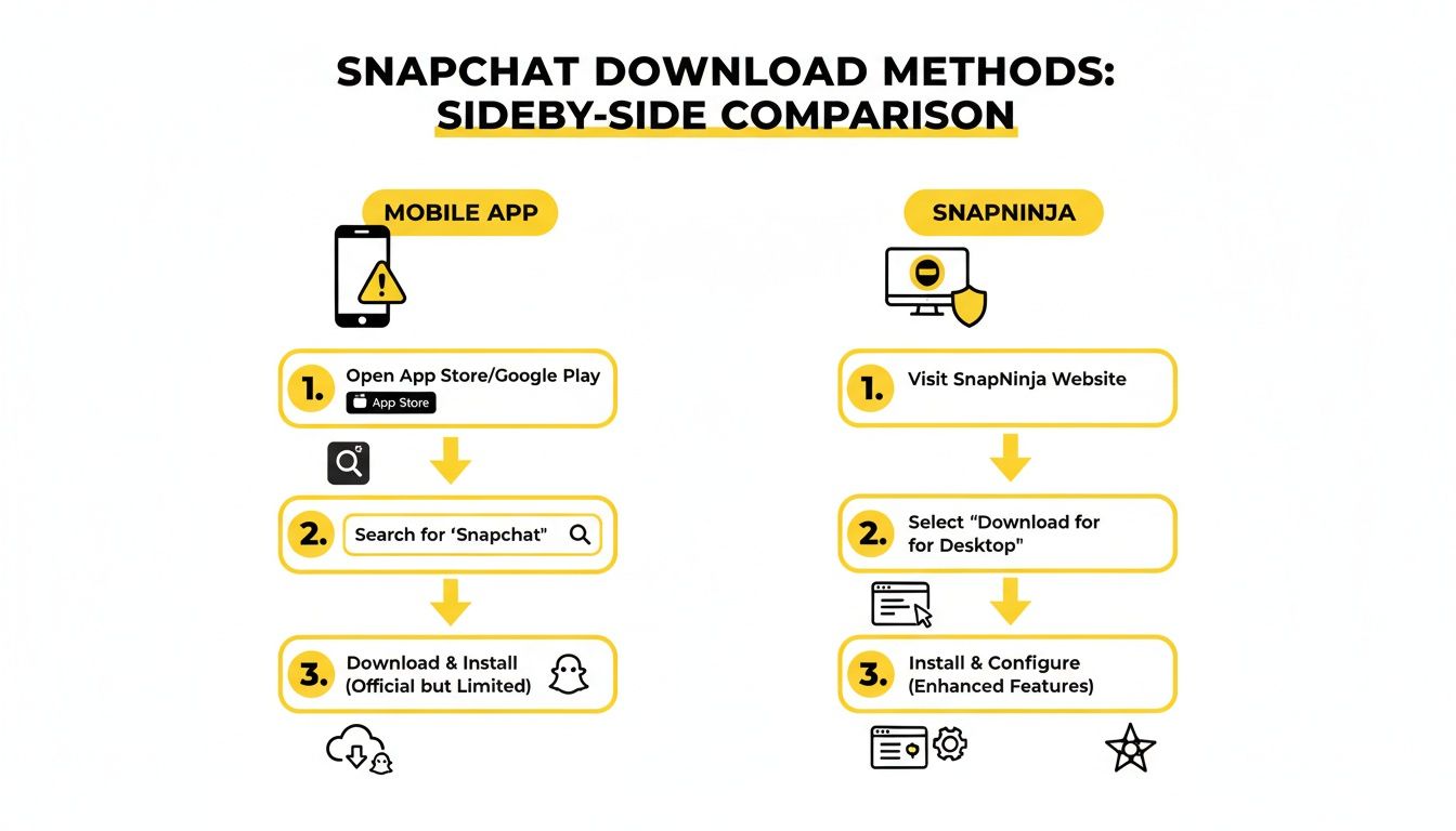 Comparison of Snapchat download methods: official mobile app versus SnapNinja for enhanced desktop features.