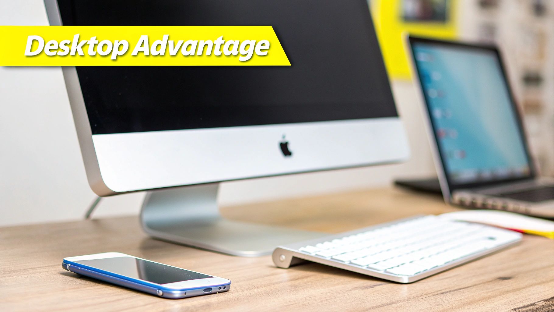 A clean office desk setup featuring an iMac, a laptop, a smartphone, and a keyboard, with a 'Desktop Advantage' banner.