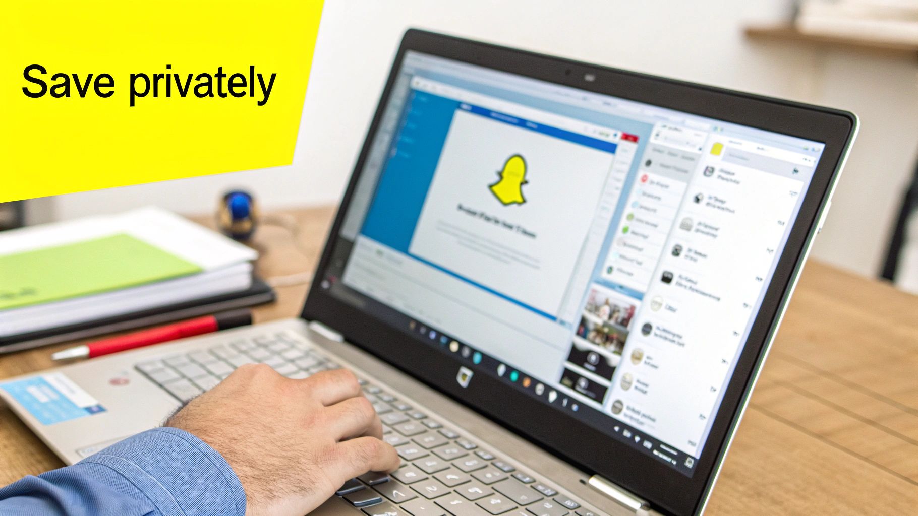 A person's hand typing on a laptop keyboard displaying the Snapchat app, with a 'Save privately' note.