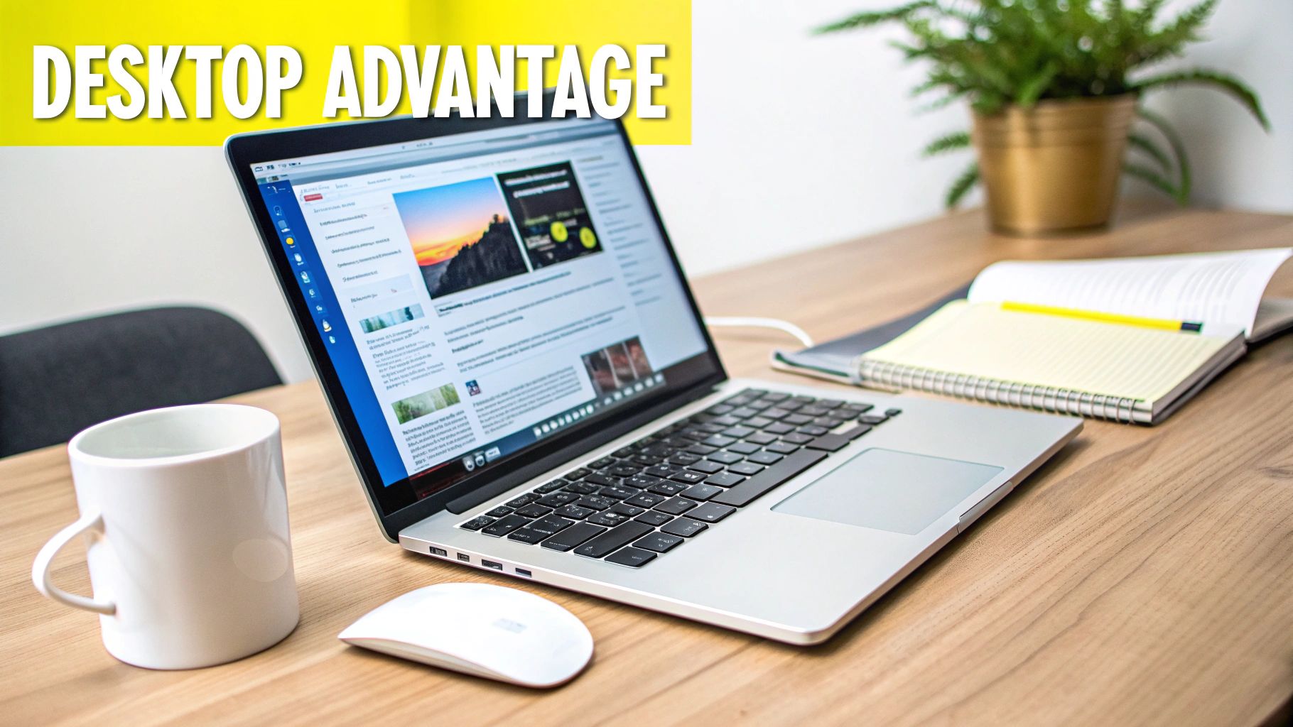 A modern laptop open on a wooden desk with a white mug, mouse, and notebooks.