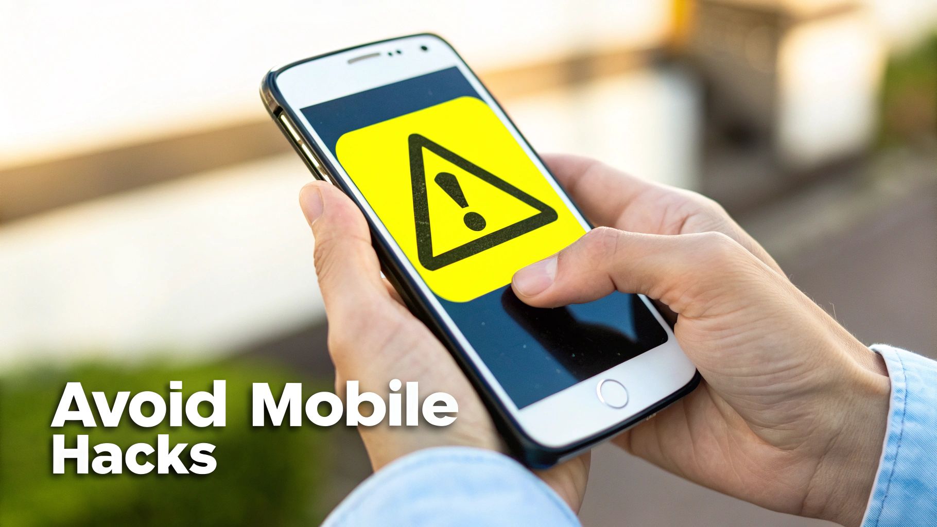 A person holds a smartphone displaying a yellow warning symbol, emphasizing "Avoid Mobile Hacks" for security.