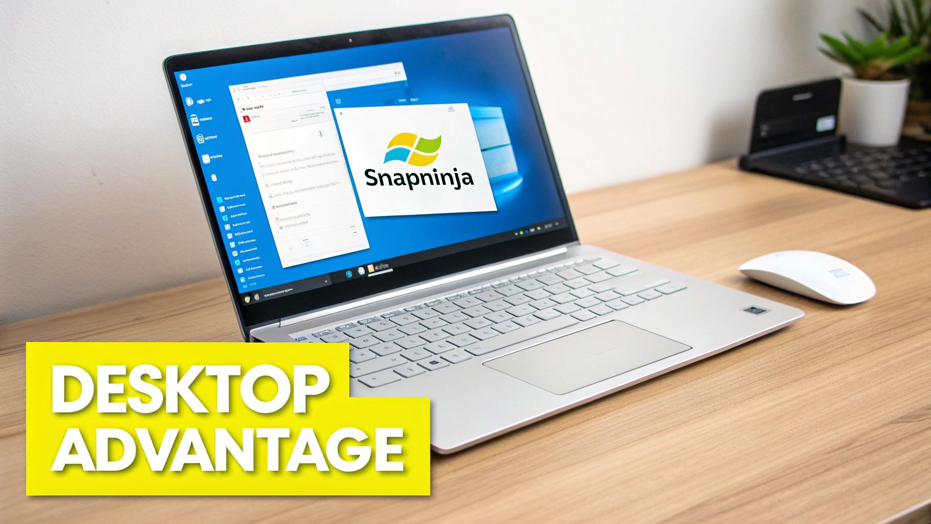 A modern laptop displaying the Snapninja app and file explorer on a wooden desk with a white mouse.