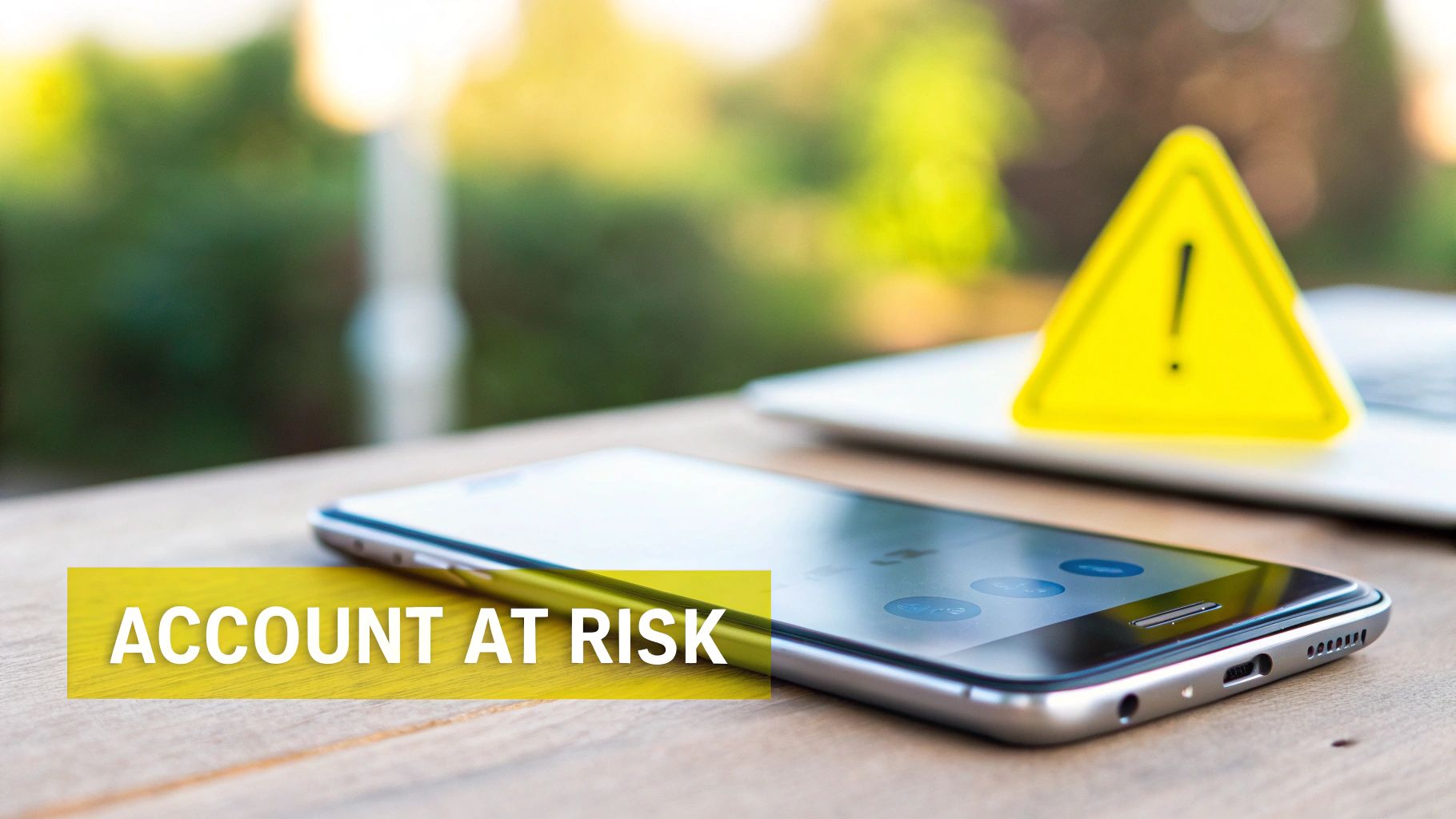 A smartphone and laptop on a wooden table, with a warning sign and a yellow banner stating 'ACCOUNT AT RISK'.