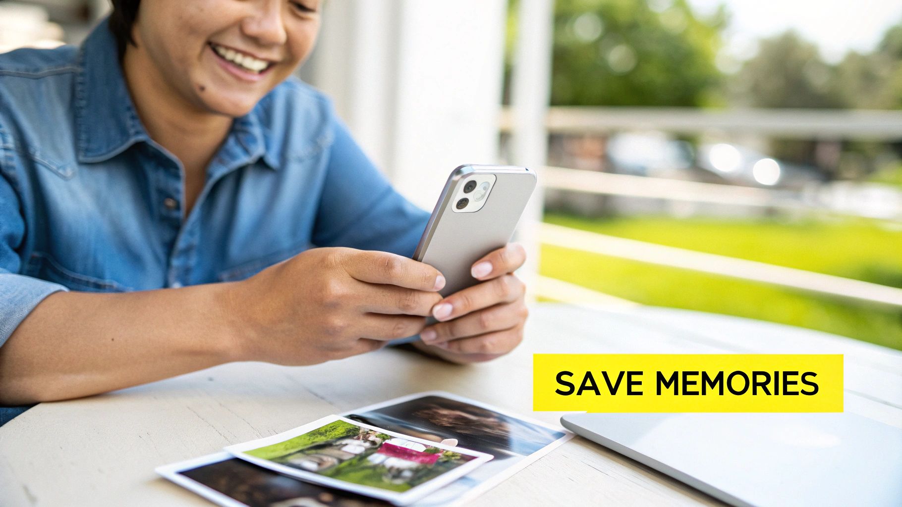 A smiling person in a denim shirt viewing content on a smartphone, with printed photos on a table.