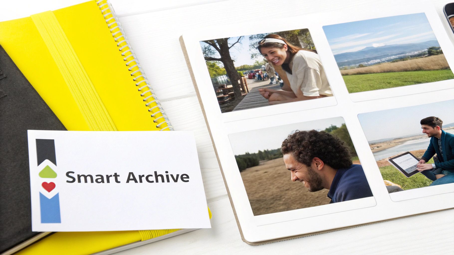An open photo album displays diverse pictures, with a 'Smart Archive' card and notebooks nearby.