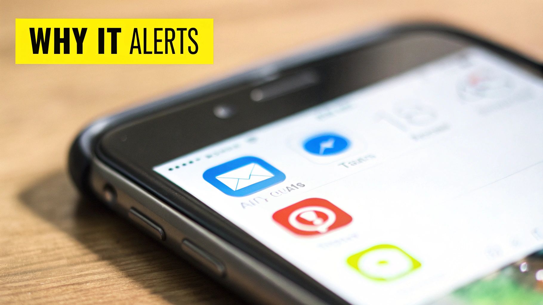 A close-up of a smartphone screen displaying various app icons and a 'WHY IT ALERTS' banner.