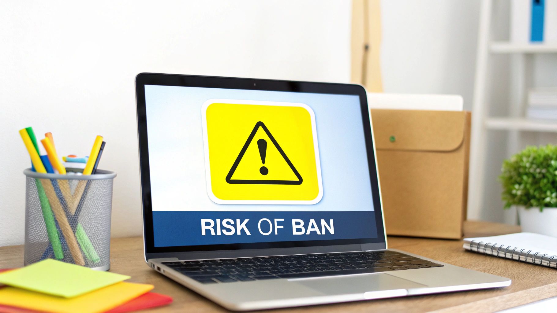 A laptop on a desk displays a 'RISK OF BAN' warning with an exclamation mark symbol, alongside office supplies.