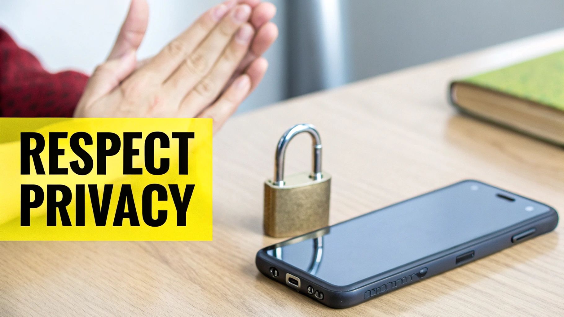 A yellow sign reads 'RESPECT PRIVACY' next to a padlock and smartphone on a wooden table, with hands in background.