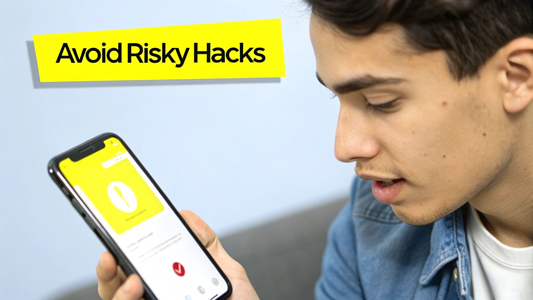 A young man intently views content on his smartphone, with a yellow banner stating 'Avoid Risky Hacks'.