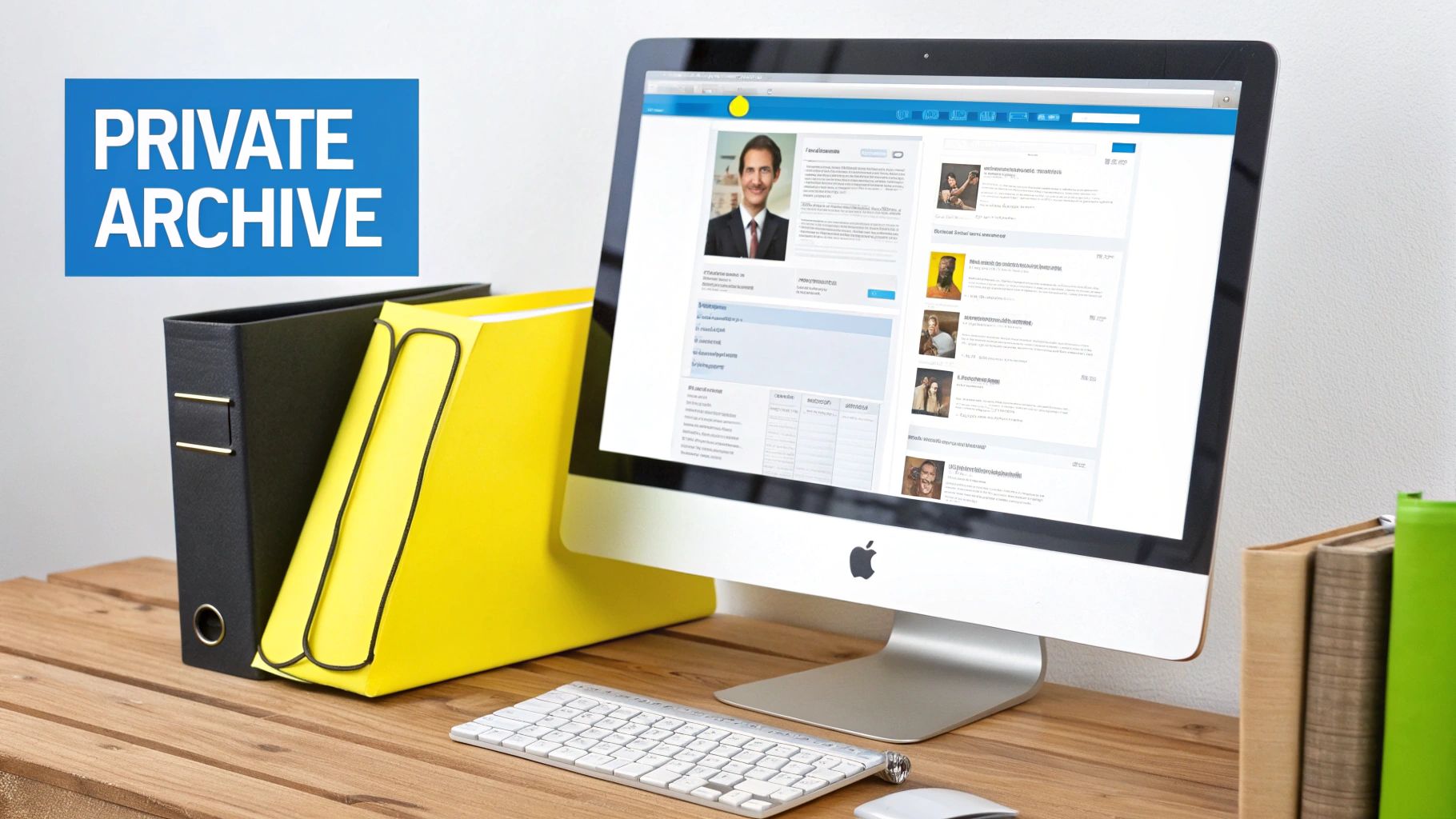 A desktop setup with an iMac displaying a profile, binders, and a 'PRIVATE ARCHIVE' sign.