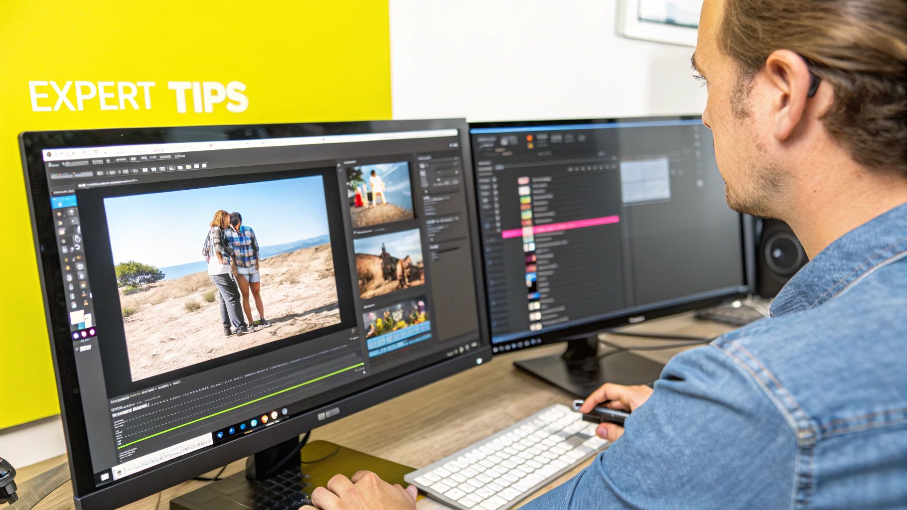 A close-up of a photo being edited on a tablet, with a focus on refining small details.