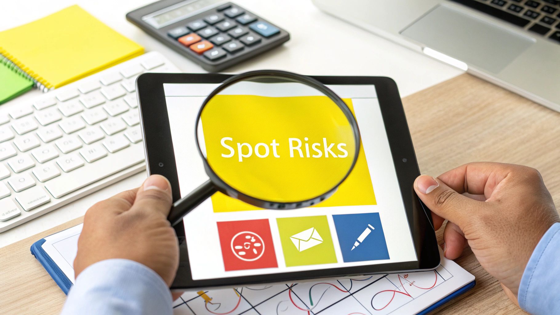 A person holds a tablet showing 'Spot Risks' through a magnifying glass, surrounded by office items.