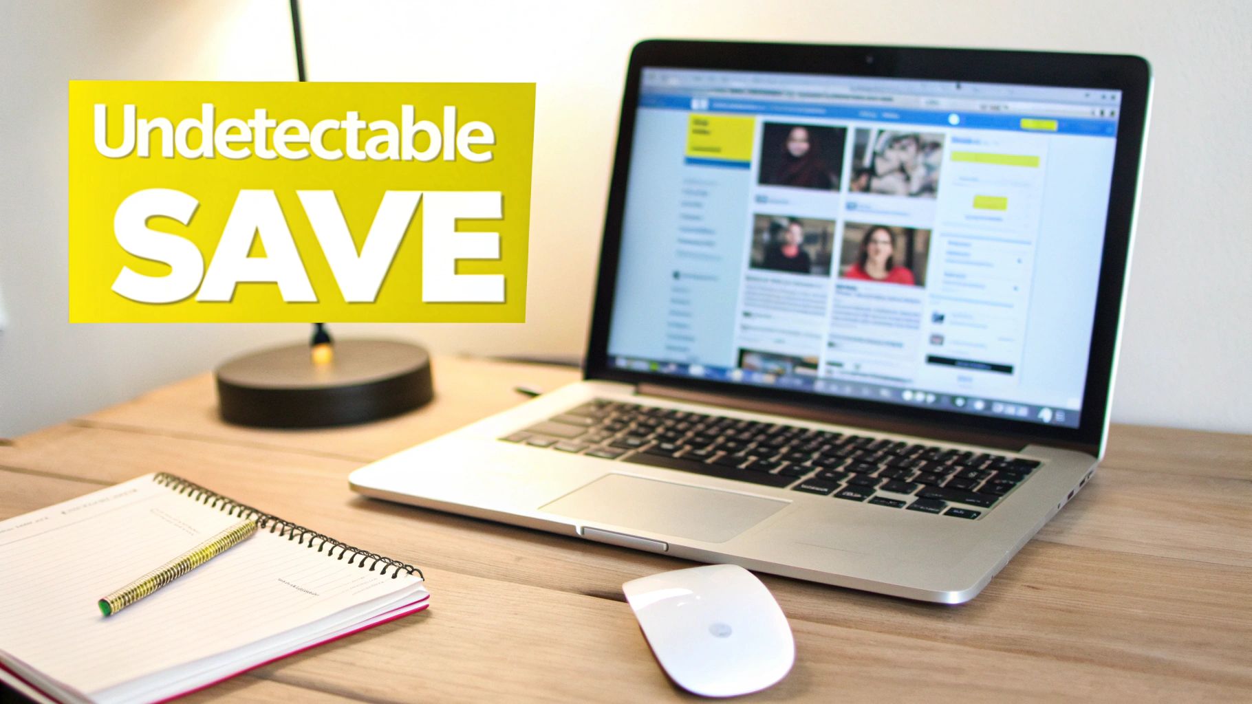 A laptop, notebook, and mouse on a wooden desk, featuring an 'Undetectable SAVE' overlay.