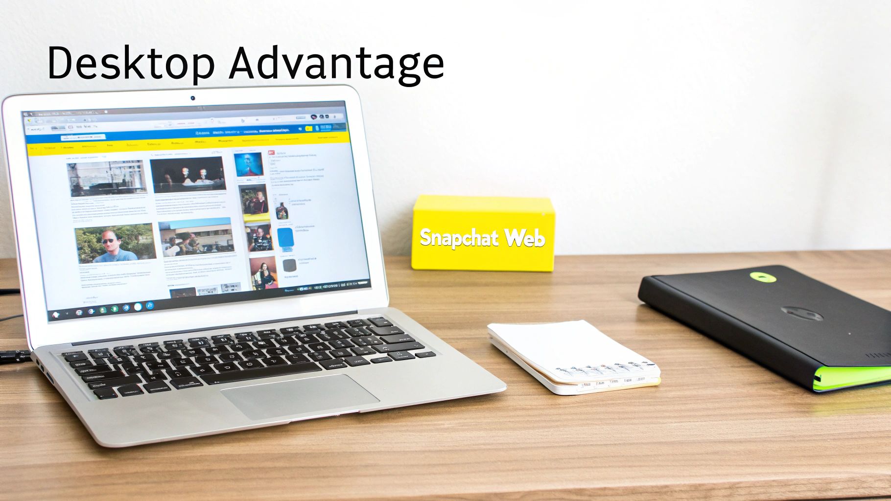 A laptop on a wooden desk with a yellow 'Snapchat Web' box, a notepad, and a black book.