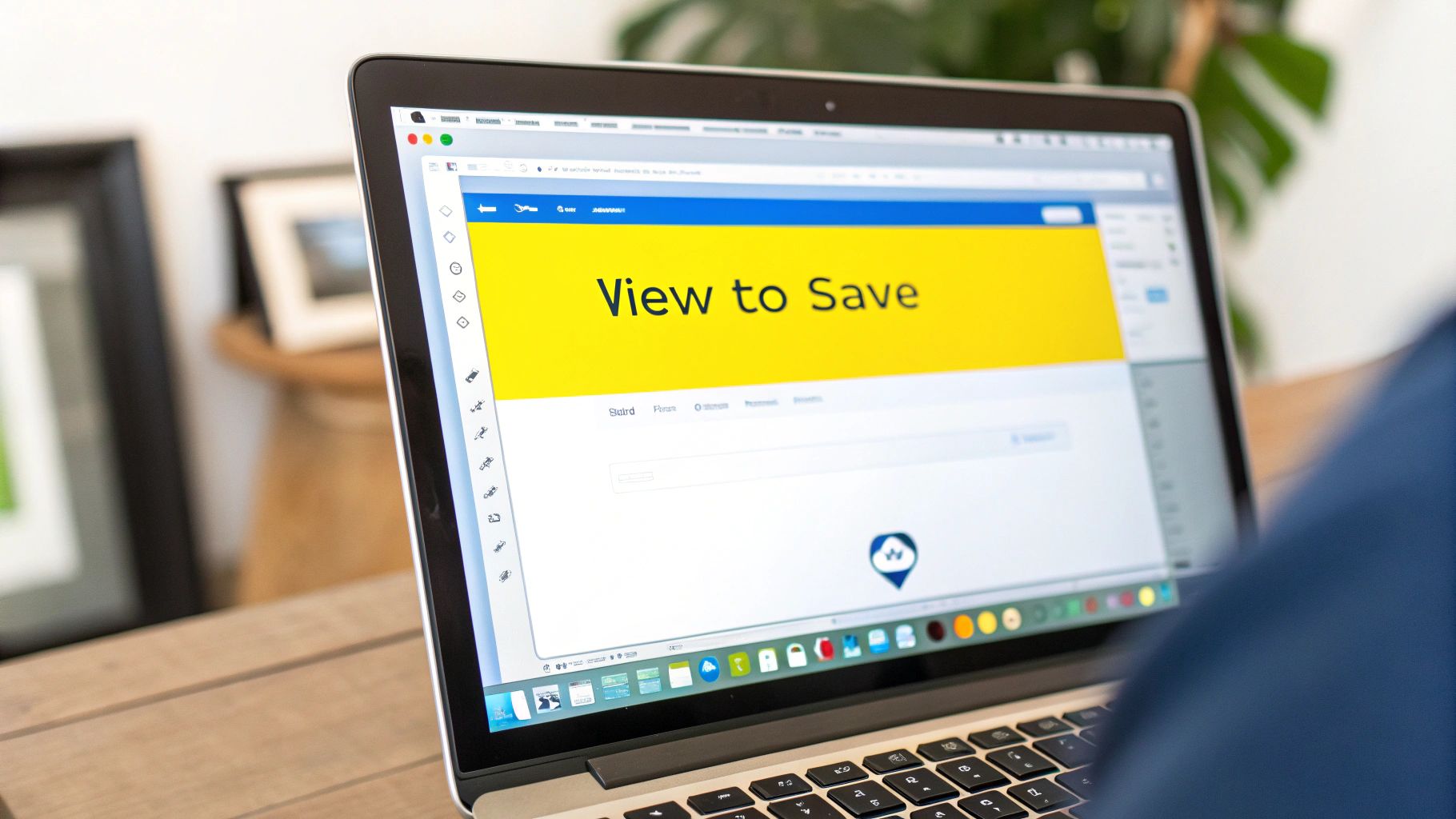 A person works on a laptop displaying a webpage with 'View to Save' text on a yellow banner.
